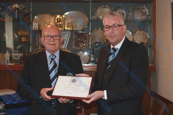Gordon Menmuir is presented with an Honorary Life Membership of Forfar Athletic Football Club IMG 4948